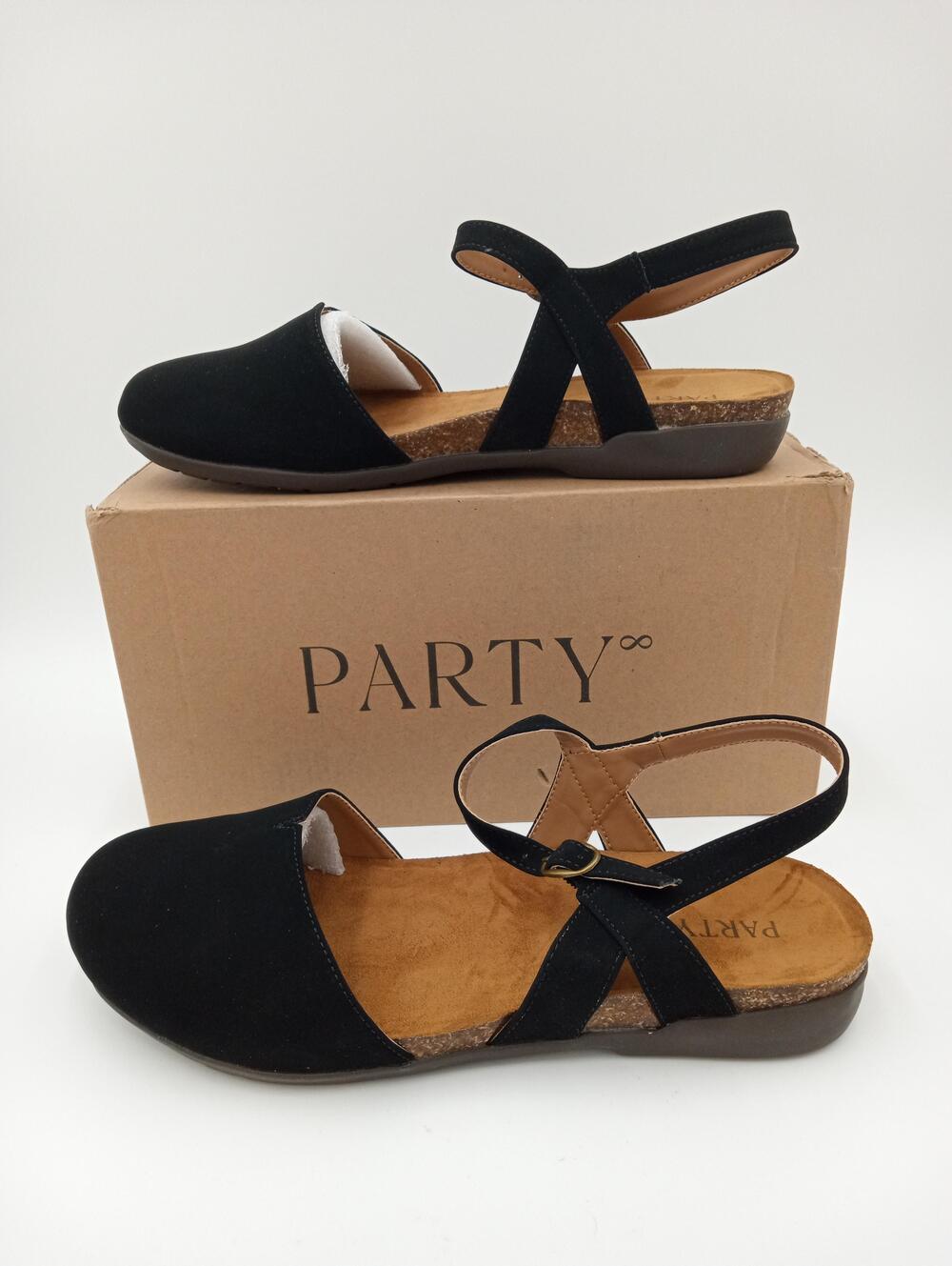 PARTY Jane Shoes Womens Black Slingback Wedge Sandals Faux Suede Comfort Size 10